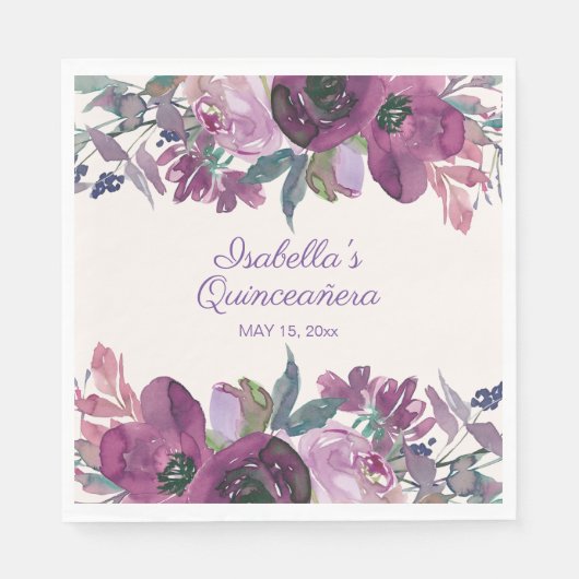 Paarse Waterverf Floral Quinceañera Naam Datum Servet (Voorkant)