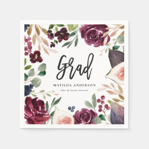 Paarse waterverf floral + script graduatie party servet