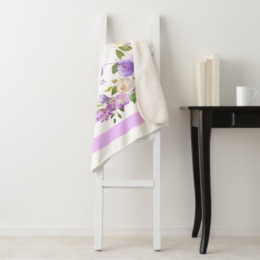 Paarse Waterverf Floral Stripes Girl Nursery Baby Sherpa Deken (In situ)