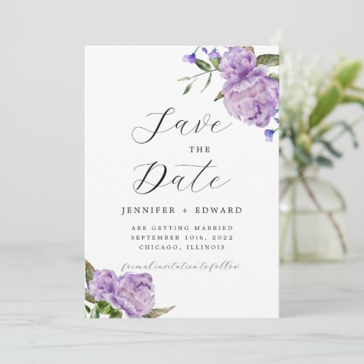 Paarse Waterverf Floral Wedding Save The Date (Staand voorkant)
