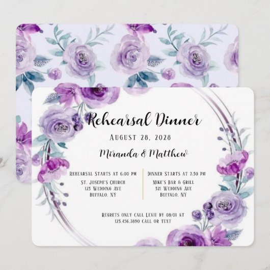 Paarse Waterverf Floral Wreator Rehearsal Dinner Kaart (Voorkant / Achterkant)