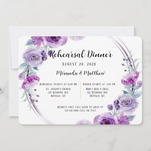 Paarse Waterverf Floral Wreator Rehearsal Dinner Kaart (Voorkant)