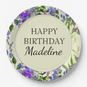 Paarse Waterverf Floral Yellow Birthday Party Papieren Bordje