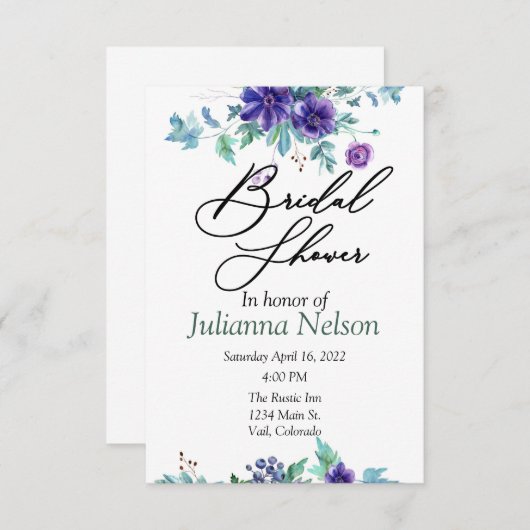 Paarse waterverf florale uitnodiging (Voorkant / Achterkant)