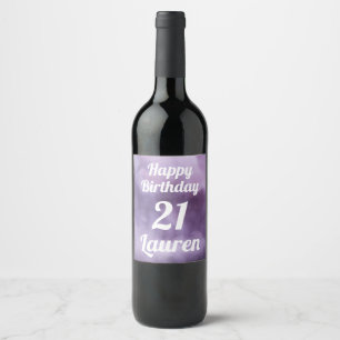 Paarse Waterverf Gepersonaliseerde Happy Birthday Wijn Etiket