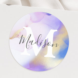 Paarse Waterverf Glam Gepersonaliseerde naam Monog Ronde Sticker