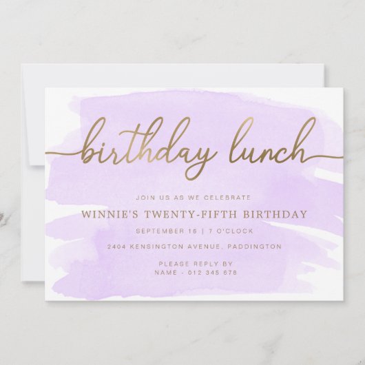 Paarse Waterverf Gold Birthday Lunch Kaart (Voorkant)