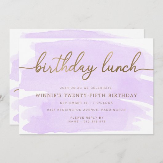 Paarse Waterverf Gold Birthday Lunch Kaart (Voorkant / Achterkant)