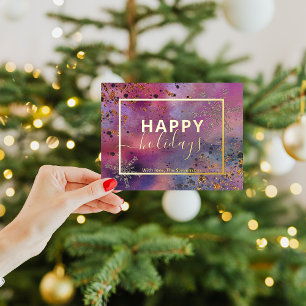 Paarse Waterverf Gouden Sneeuwvlok Kerstkaart Folie Feestdagen Briefkaart