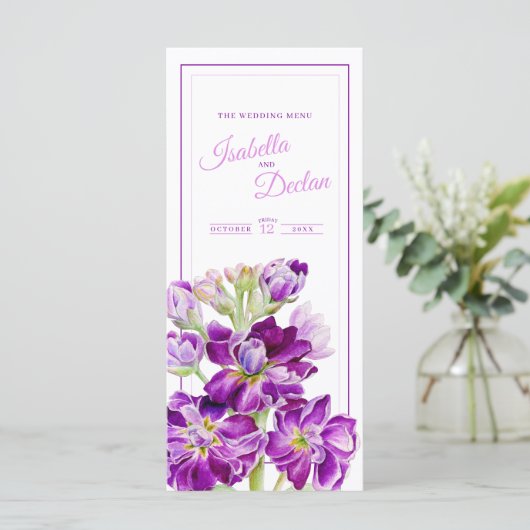 Paarse waterverf harige voorraad bloemen bruiloft menu (Staand voorkant)