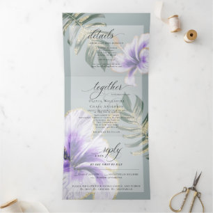 Paarse Waterverf Hibiscus Floral Wedding Tri-Fold Drieluik Uitnodiging