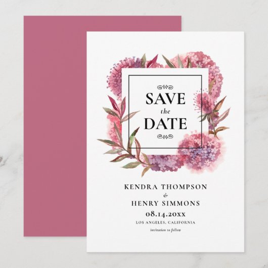 Paarse Waterverf Hydrangea Bloem Kader Save The Date (Voorkant / Achterkant)