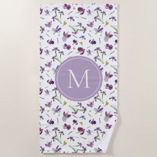 Paarse Waterverf Iris Flowers Patroon Monogram Strandlaken