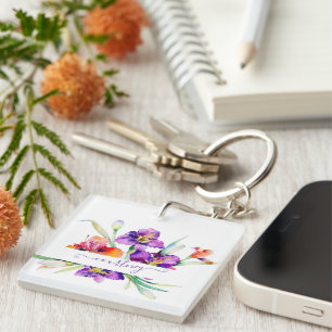 Paarse waterverf Iris gepersonaliseerd Sleutelhanger