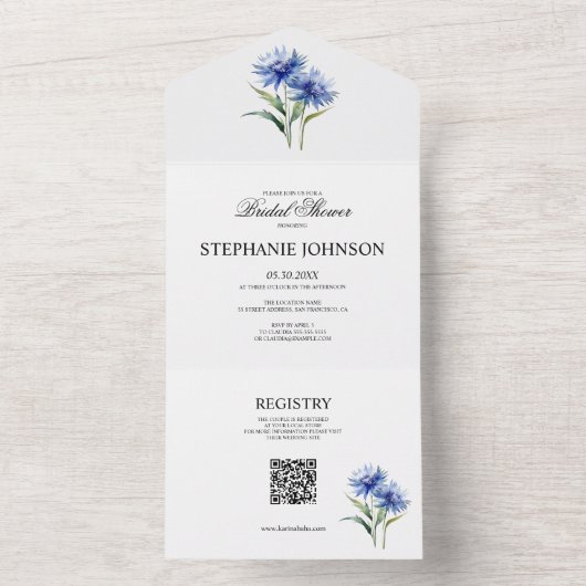Paarse Waterverf Korenbloem WIldflower Bridal All In One Uitnodiging (Binnen)