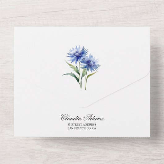 Paarse Waterverf Korenbloem WIldflower Bridal All In One Uitnodiging (Achterkant)