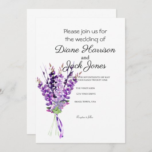 Paarse Waterverf Lavendel Bruiloft Kaart (Voorkant / Achterkant)