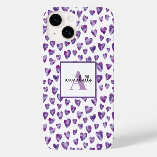 Paarse Waterverf Liefde Hart Monogram Case-Mate iPhone Case (Achterkant)