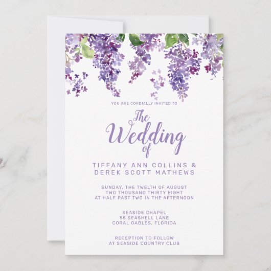 Paarse Waterverf Lilacs Floral Wedding Kaart (Voorkant)