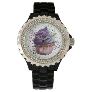 PAARSE WATERVERF MARDI GRAS CUPCAKE HORLOGE
