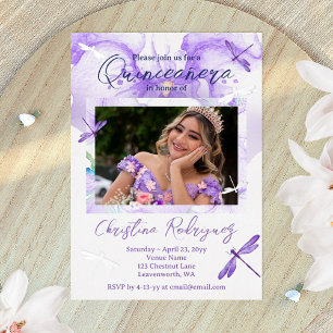 Paarse Waterverf Orchid, Dragonfly Quinceanera Folie Uitnodiging