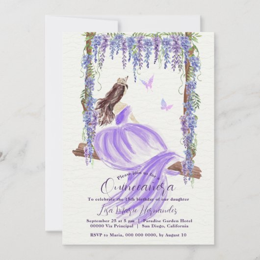 Paarse Waterverf Quinceañera Uitnodiging (Voorkant)