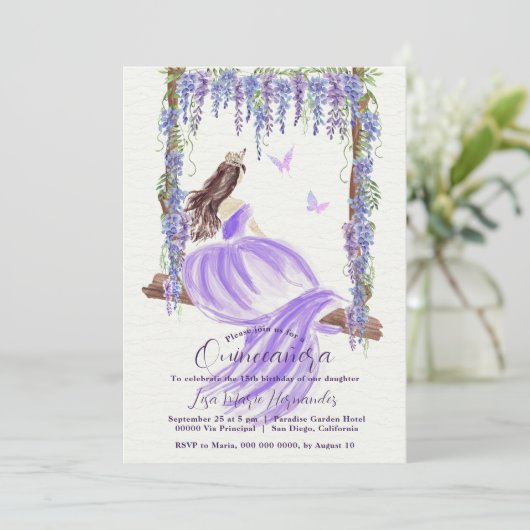 Paarse Waterverf Quinceañera Uitnodiging (Staand voorkant)