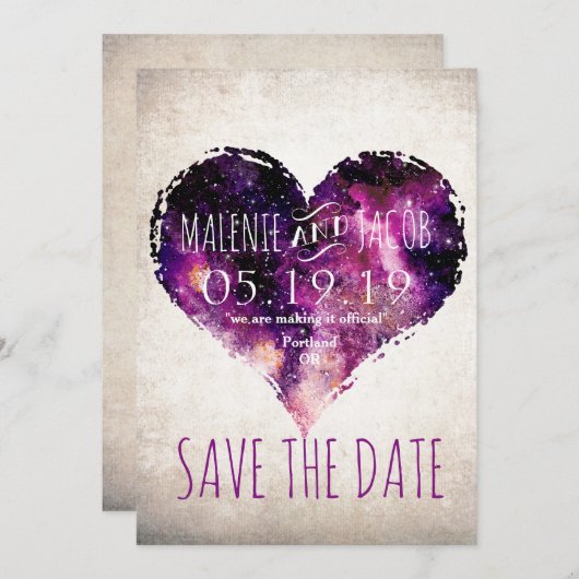 Paarse Waterverf - Scharter voor startsein Save The Date (Voorkant / Achterkant)