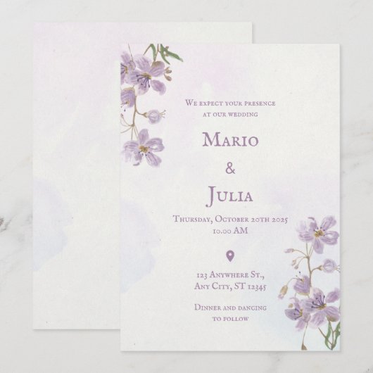 Paarse Waterverf - Uitnodiging tot huwelijk (Voorkant / Achterkant)