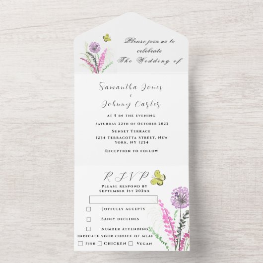 Paarse Waterverf van wilde bloemen All In One Uitnodiging (Binnen)