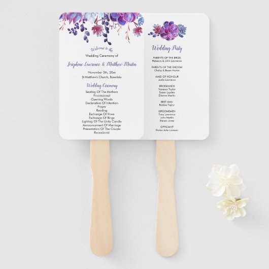 Paarse Waterverf vetplanten bruiloft programma's Handwaaier (Voorkant en achterkant)