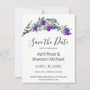 Paarse waterverf viooltjes lavendel eucalyptus save the date