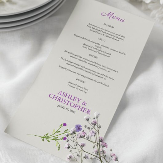 Paarse Waterverf Wildflower Wedding Menu