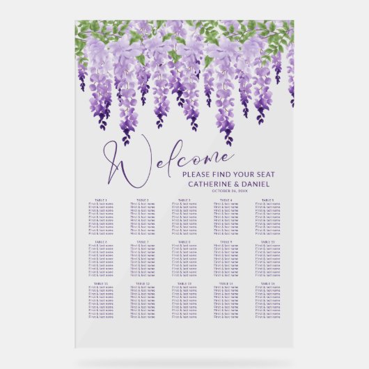 Paarse Waterverf Wisteria Lila Bloemige Bruiloft Acryl Bord (Voorkant)
