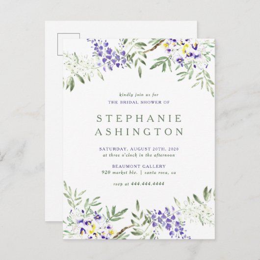 Paarse Waterverf Wisteria-Vrijgezellenfeest Uitnodiging Briefkaart (Voorkant / Achterkant)