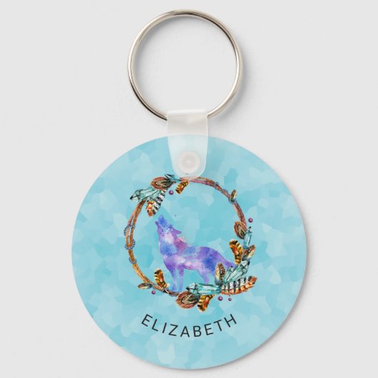 Paarse Waterverf Wolf met een Boho WreatCustom Sleutelhanger (Voorkant)