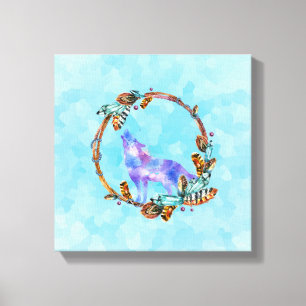 Paarse Waterverf Wolf met een Boho Wreath Canvas Afdruk