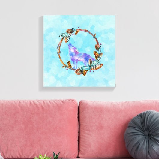 Paarse Waterverf Wolf met een Boho Wreath Canvas Afdruk (Insitu (Woonkamer))