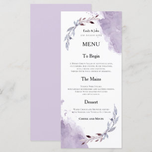 Paarse Waterverven Foliage Tekst Wedding Menu