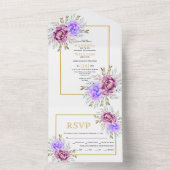 Paarse waterverven gouden lijsten bruiloft all in one uitnodiging (Binnen)