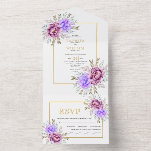 Paarse waterverven gouden lijsten bruiloft all in one uitnodiging (Binnen)