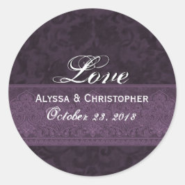 Paarse Wedding Love Damask en Ribbon Ovale Sticker