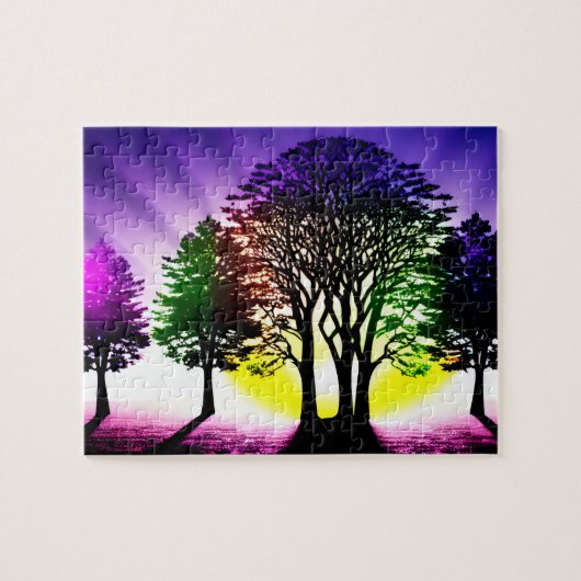 Paarse Wereld met Silhouetted Black Trees Legpuzzel (Horizontaal)