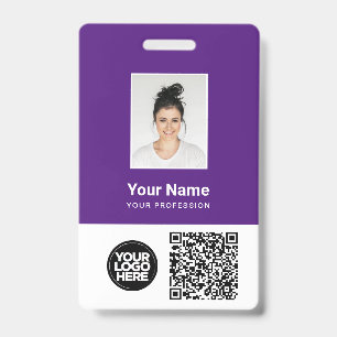Paarse werknemer Foto, Qr en streepjescode, Logo, Badge