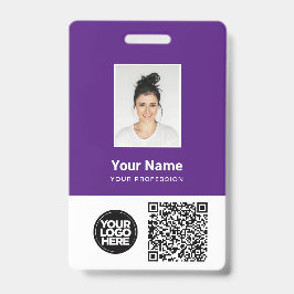 Paarse werknemer Foto, Qr en streepjescode, Logo, Badge
