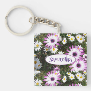 Paarse White Daisy Flower Garden  naam Sleutelhanger