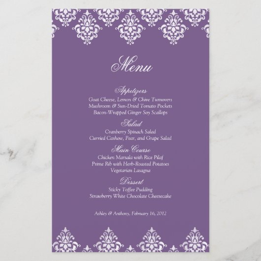 Paarse White Damask Arabesque Wedding Menu Kaart (Voorkant)