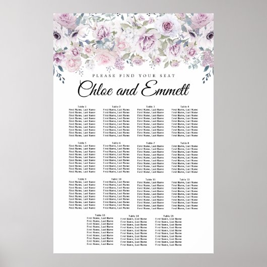 Paarse White Floral 15-Table Wedding Seating Chart Poster (Voorkant)