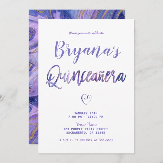 Paarse White Gold Marble Chic Glam Kaart (Voorkant / Achterkant)