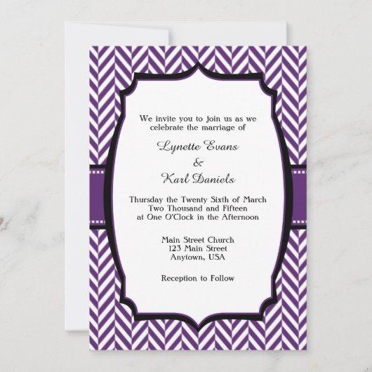 Paarse White Herringbone Wedding Invitation Kaart (Voorkant)